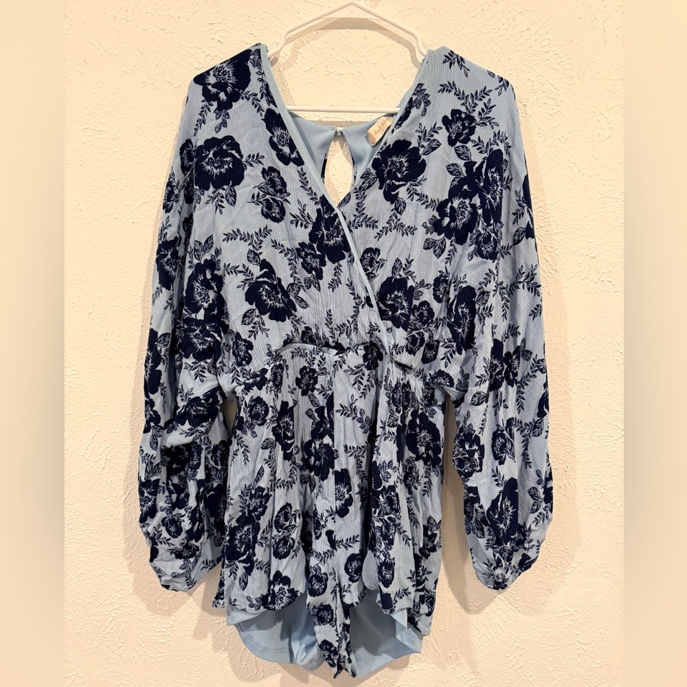 Altar’d State Floral Wrap Stretch Blouse - Blue